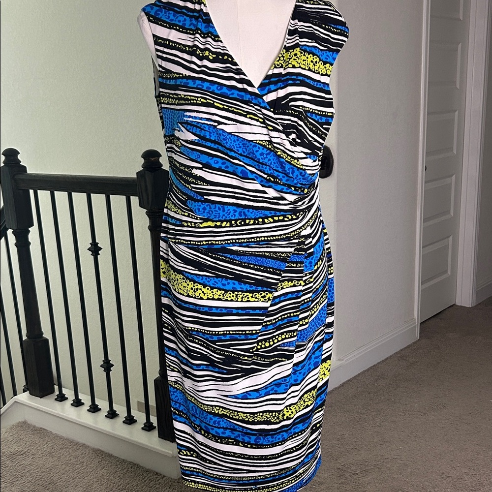 Evan-Picone Stylish Blue and Yellow Patterned Dress Size 14